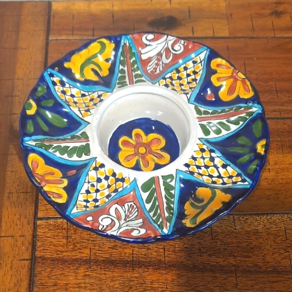 Colorful Hand painted Signed Mexican Talavera Oyster Dish Lead Free